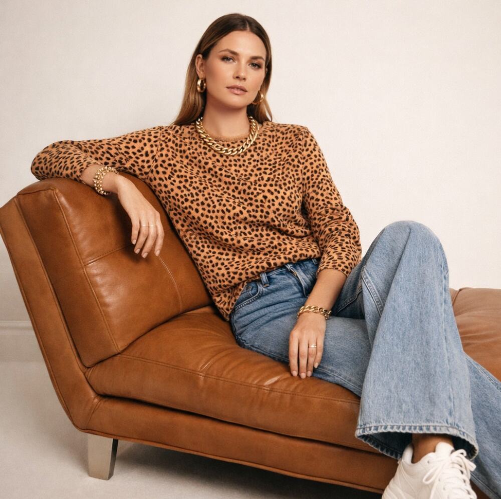 J. CREW Cashmere Crewneck Sweater in Leopard Dot Tan Black Sz M $168 {XX44}